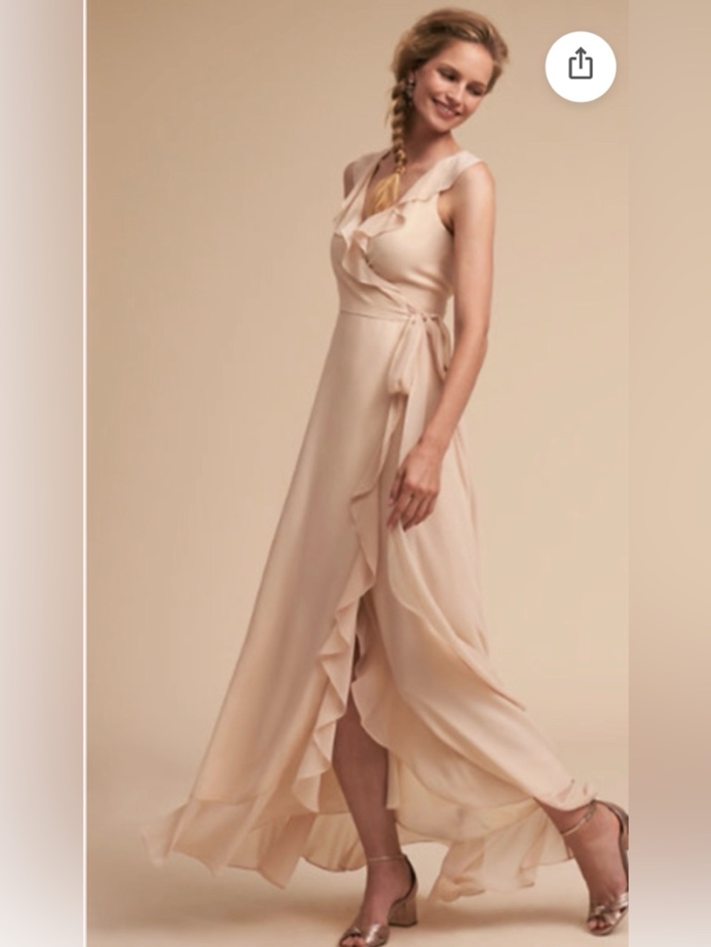 BHLDN Anthropology Donna Morgan Blush Pink Ruffle V-Neck wrap long dress